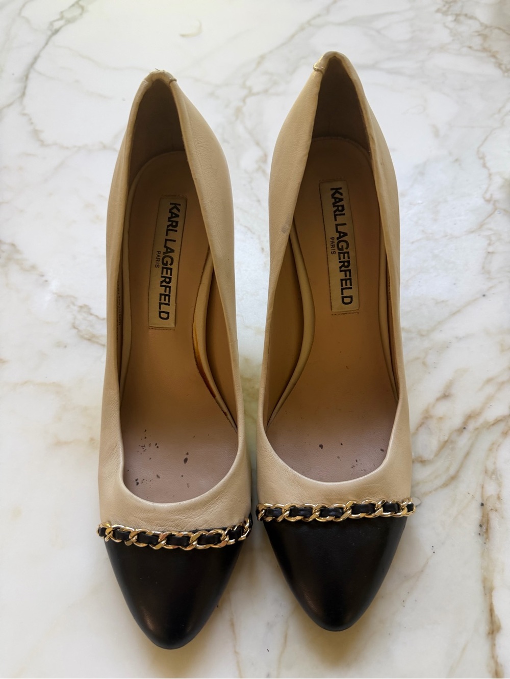 Karl Lagerfeld Beige and Black Chain-Trim Pointed Toe Pumps